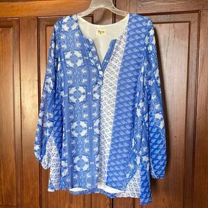 Show Me Your MuMu Jamie Long Sleeve Blue White Flowy Tunic Top Dress size S